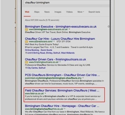 Field chauffeur services google keyword search