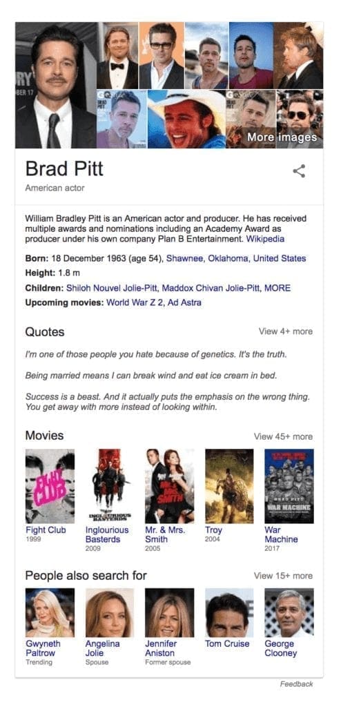 Knowledge panel showing brad pitt - seo predictions, trends & factors to watch now and in the future Knowledge panel showing brad pitt