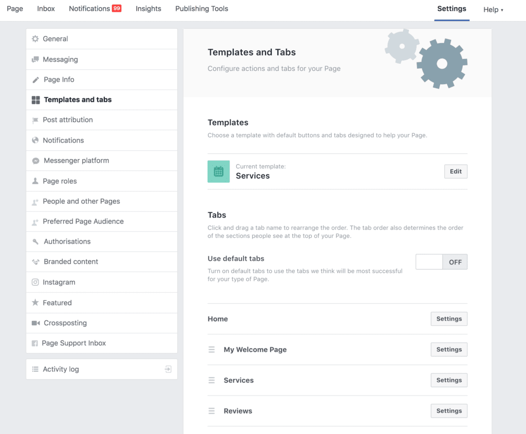 Screen Shot 2018 10 09 at 12.45.59 - How to Install a Custom Tab or Welcome Page on Your Facebook Business Page Organise your tabs into the correct order