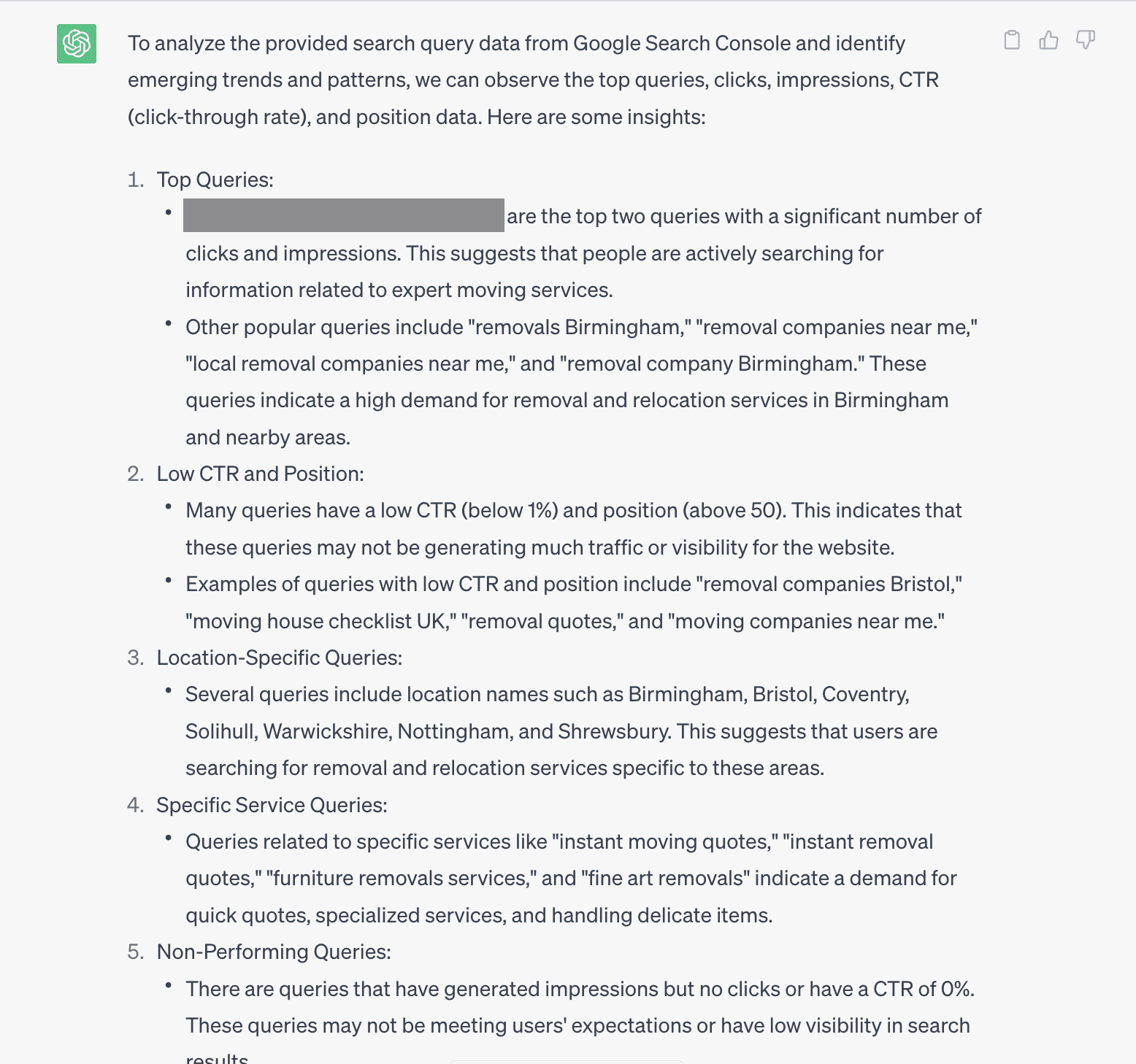 Chatgpt response providing trends and suggestions from google search console csv data 1 - how to use chatgpt with google search console csv data: seo analytics prompts Chatgpt response providing trends and suggestions from google search console csv data